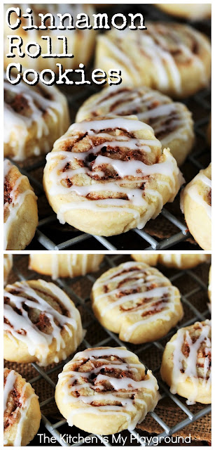 Cinnamon Roll Cookies ~ Tender cookie dough wrapped around cinnamon-sugar filling, drizzled with glaze, these tasty little cookies are packed with fabulous cinnamon flavor!  And not to mention, they're just plain fun to make & eat. Perfect to enjoy at Christmas or ANY time of the year. #cookies #cookierecipes #cinnamonrollcookies #cinnamon www.thekitchenismyplayground.com