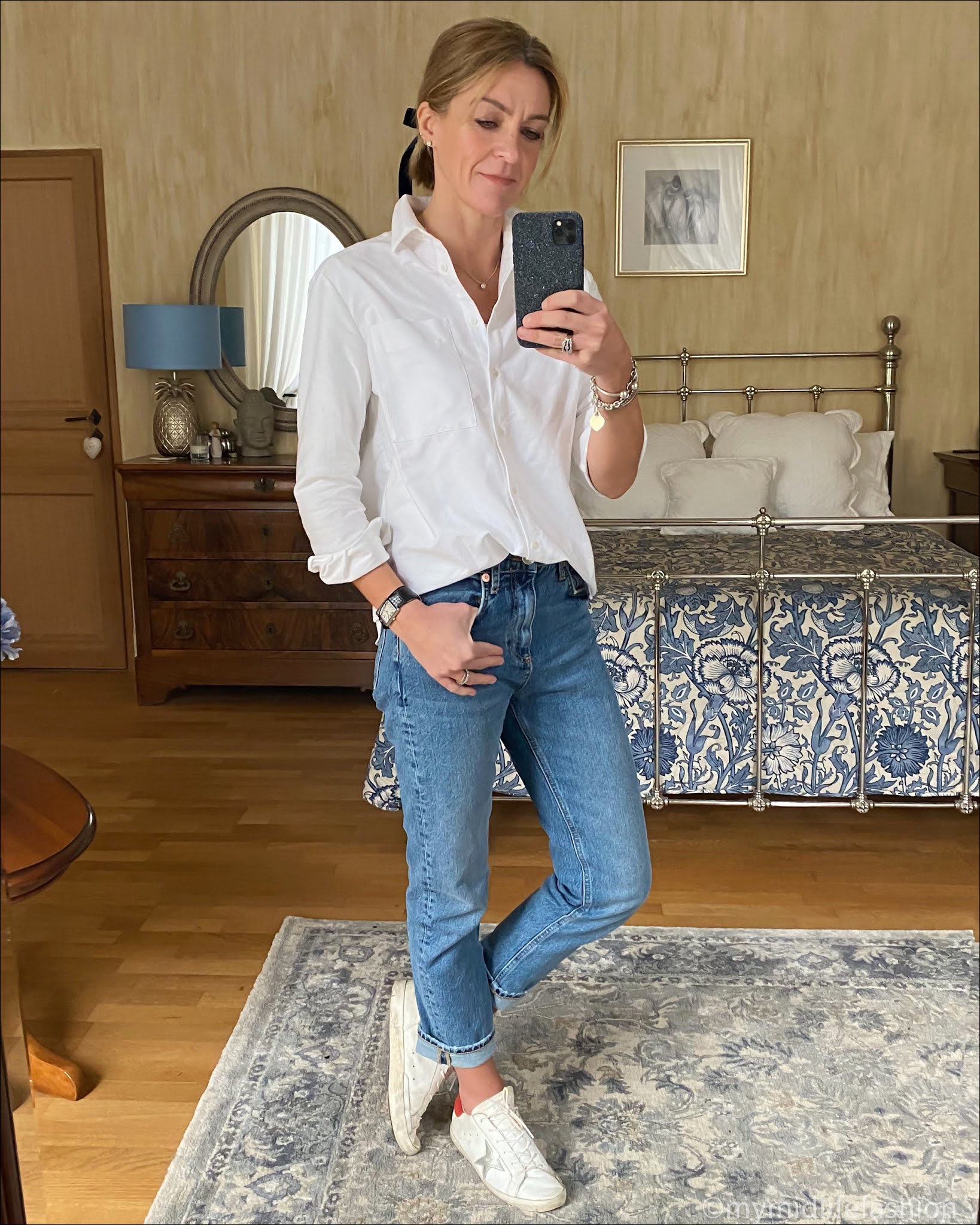 my midlife fashion, baukjen heather organic shirt, zara straight leg jeans, Etsy velvet long bow  hair tie, golden goose superstar low top leather trainers