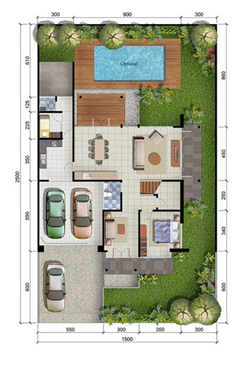 Denah rumah minimalis ukuran 15x25 meter 5 kamar tidur 2 