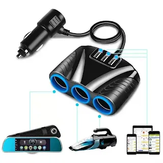 3 Way universal dc to dc car cigarette lighter socket power adapter multi splitter outlet power plug with USB charging port hown - store