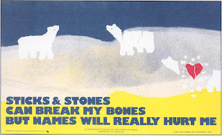 3 polar bears, one disintegrating from a broken heart with the words, Sticks and Stones can break my bones, but words will really hurt me