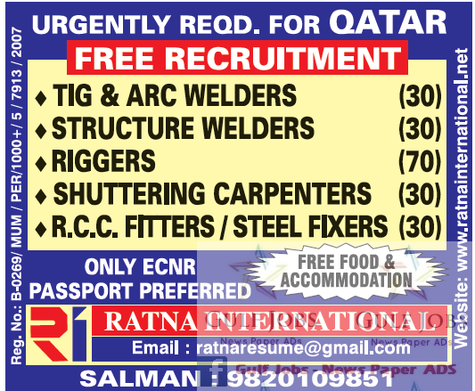 Urgent Job requirement for Qatar Free Recruitment