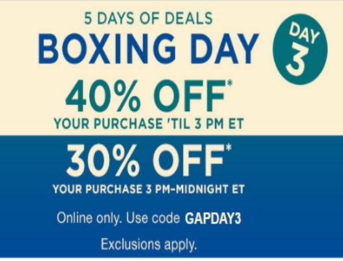 Gap Boxing Day 3 40% Off Before 3pm, 30% Off After Promo Code