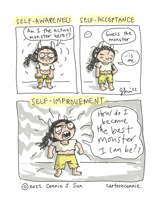 3-panel webcomic about learning to be a better person. Panel 1 ("Self-Awareness") contains a frayed-looking girl with a messy braid, eyes bulging, horns coming out of her head, fists balled at her sides, and clothes torn like "the Hulk." She asks herself, "Am I the actual monster here??" In panel 2 ("Self-Acceptance"), a beat and she admits, "Guess the monster...is me." In panel 3 ("Self-Improvement"), she assumes a heroic stance and explodes with terrifyingly determined monster-energy: "HOW DO I BE THE BEST MONSTER I CAN BE??" Original comic strip by Connie Sun, cartoonconnie, 2022.
