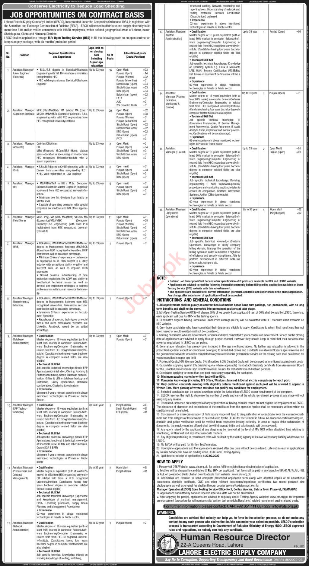 Lahore Electric Supply Company Limited LESCO Jobs 2023 through OTS