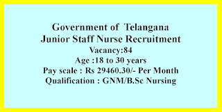 Junior Staff Nurse Recruitment - Government of  Telangana