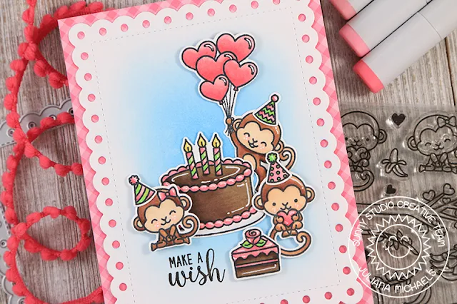 Sunny Studio Stamps: Make A Wish Love Monkey Frilly Frames Birthday Card by Juliana Michaels