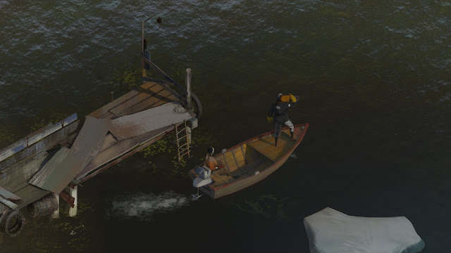 Screenshot of protagonist leaving on a boat with Kim Kitsuragi in Disco Elysium