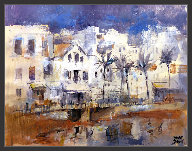 SITGES-PINTURES-CARRER-PORT ALEGRE-RESTAURANTS-PLATJA-PALMERES-PINTURA-PAISATGES-GARRAF-CASES-BLANQUES-PINTOR-ERNEST DESCALS