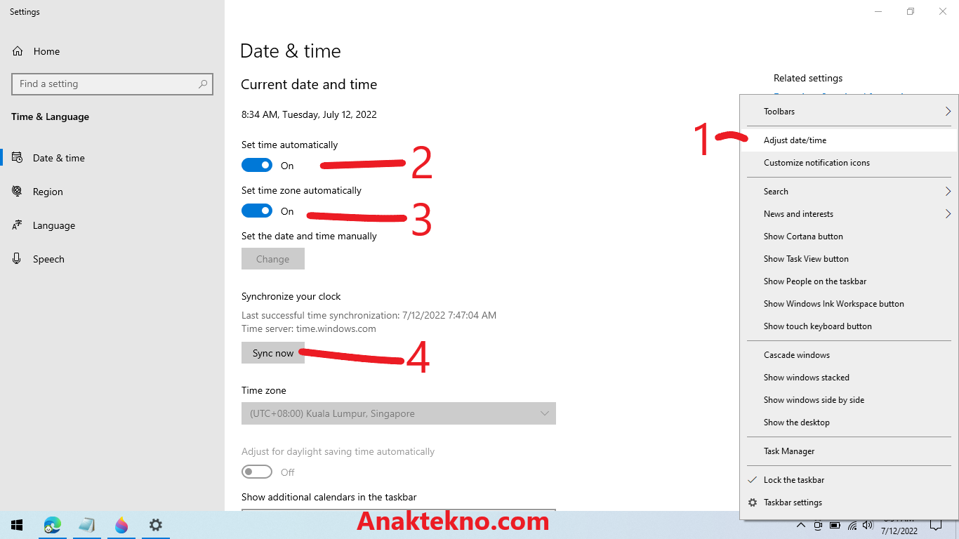 Cara setting jam otomatis di laptop Windows 10