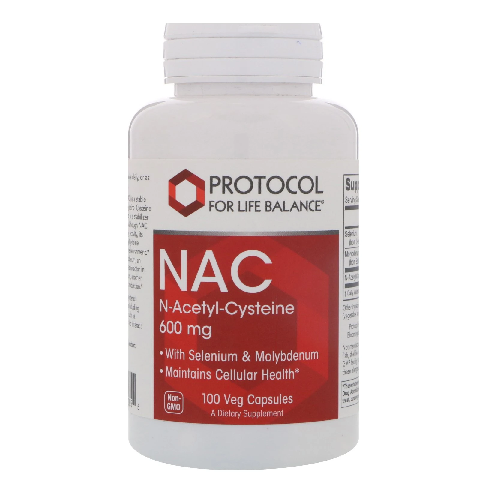 Protocol for Life Balance, NAC N-ацетил-цистеин, 600 мг, 100 вегетарианских капсул