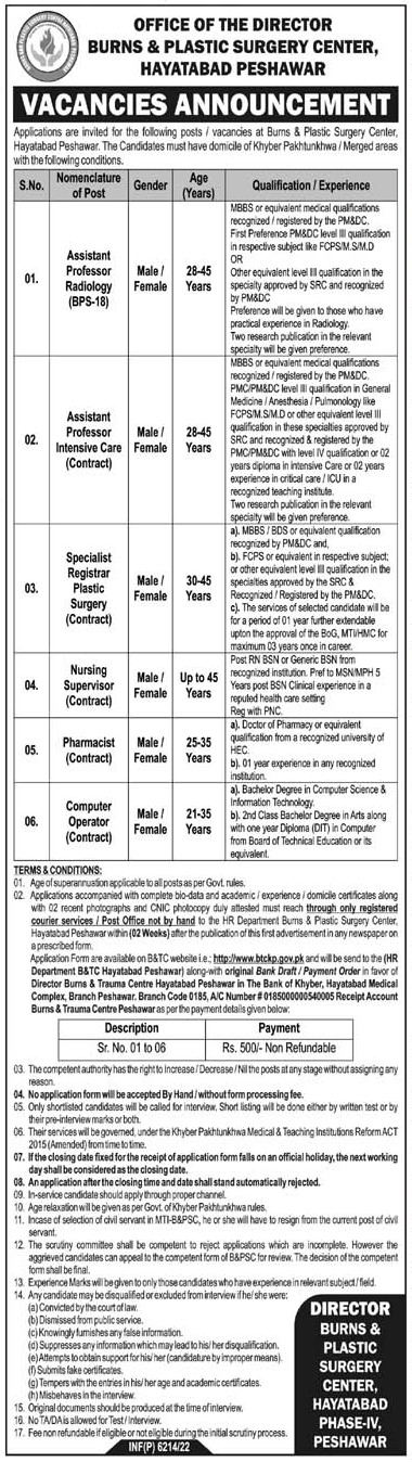 Latest Burns & Plastic Surgery Center Jobs 2022 Peshawar