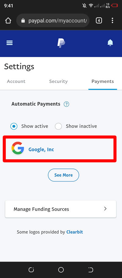 google inc automatic payments paypal