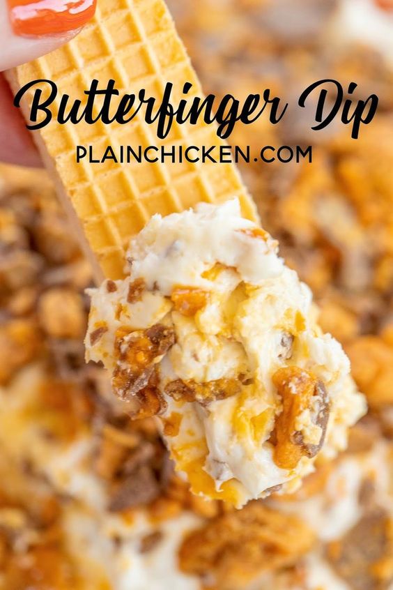 Butterfinger Dip - only 4 ingredients and ready in minutes!!! This stuff should come with a warning label - SO good!!! Cream cheese, cool whip, brown sugar and butterfinger candy bars. Serve with vanilla wafers, sugar cookies, fruit, graham crackers or pretzels. Can make a day in advance and refrigerate until ready to serve. Great for tailgating and holiday parties!! Everyone RAVES about this yummy dessert dip! #dessert #dip #partyfood #butterfingers - LaVonna Lewallen - #advance #Bars #Brown #