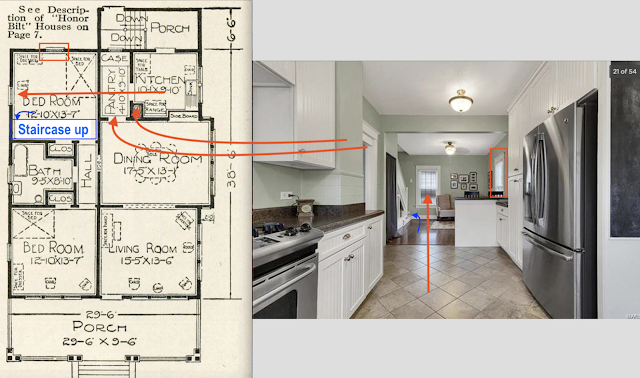 catalog floor plan next to photo of kitchen and back bedroom, showing Location of the up staircase inside the Sears Hazelton in Edwardsville, Illinois