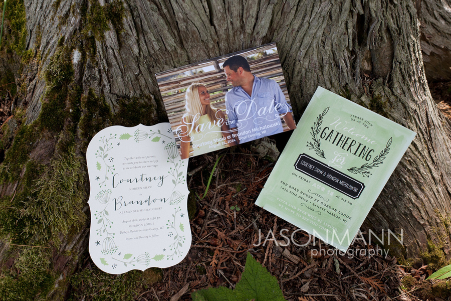 Door County wedding invitations for a rustic wedding at Gordon Lodge. Photo by Jason Mann Photography, 920-246-8106, www.jmannphoto.com