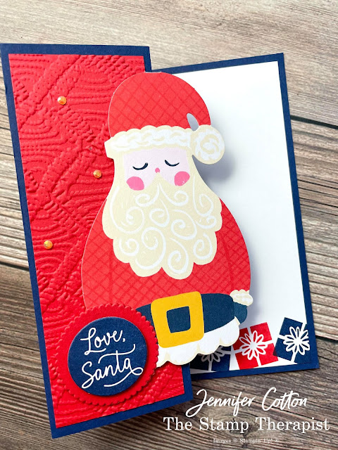 Stampin' Up!'s Love, Santa Tag Kit used to make a cute Z Fold Card!  Add the Macramae embossing folder, Poppy Parade ink pad, and Layering Circles Dies (plus cardstock)!  #StampinUp #StampTherapist #LoveSanta