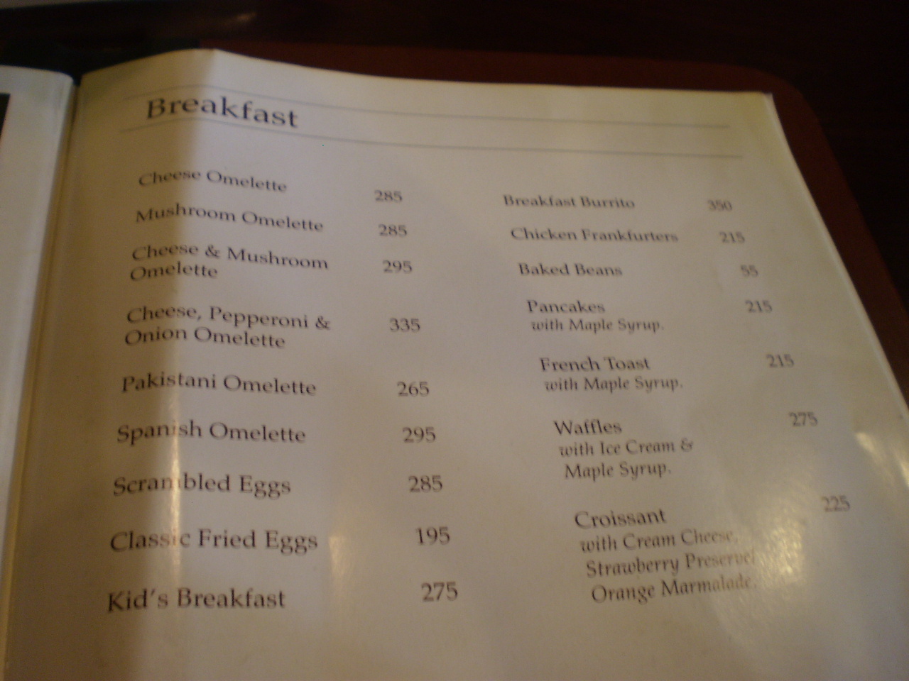 Breakfast menu: breakfast at
