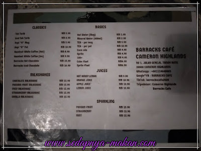 menu minuman Barracks Cafe