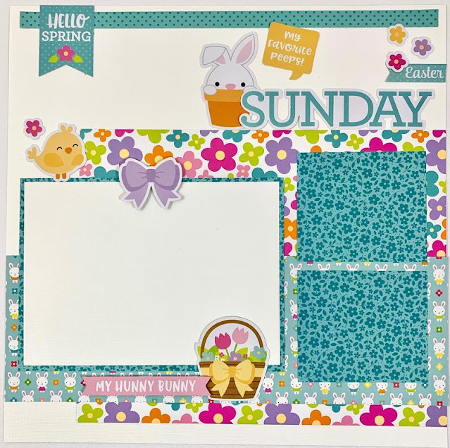 12x12 Easter Sunday scrapbook page layout with bunny rabbits, flowers, and baskets