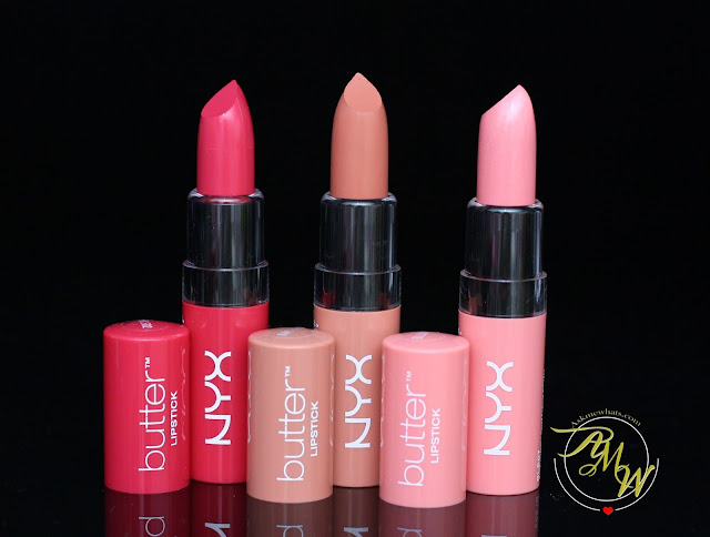 A photo of NYX Butter Lipsticks  in shades Sweet Tart, Snow Cap and Hubba Bubba.