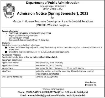 Jahangirnagar University MHRDIR Circular 2023