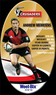 Andrew Mehrtens Gold Legend Card 2010 - Crusaders Sanitarium Weetbix Super Flyers Rugby Cards