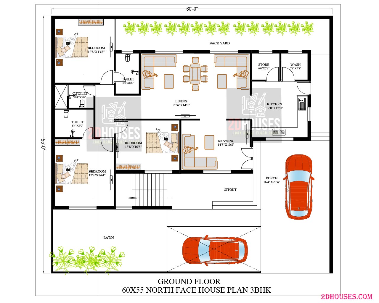 North-facing 60x55 house plans with car parking
