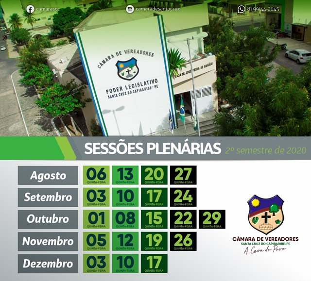 Câmara de Santa Cruz divulga calendário das sessões plenárias do segundo semestre