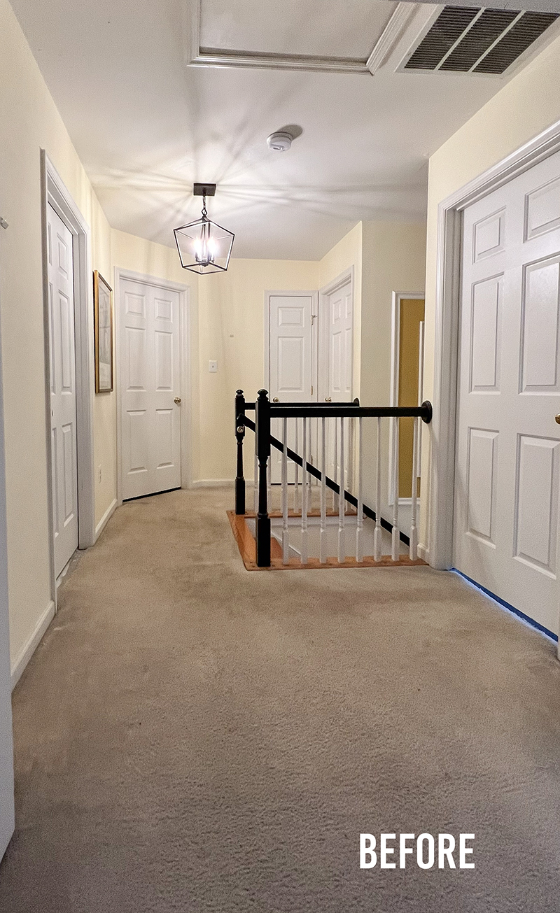 A carpeted hallway in dear need of a transformation