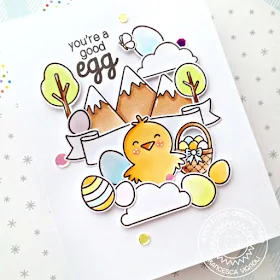 Sunny Studio Stamps: Spring Scenes Spring Showers Banner Basics A Good Egg Spring Themed Easter Card by Franci Vignoli