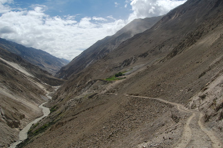 Dangerous road in Pakistan. Nagar river. Jeep track Nagar to Hispar valley Nagar Gilgit Baltistan Pakistan. Mountaineer valley in Gilgit Baltistan