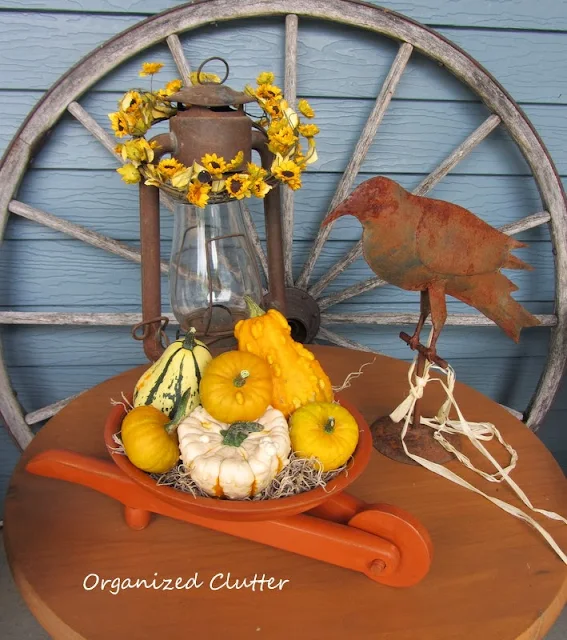 Fall Vignette with Wooden Bowl Wheelbarrow