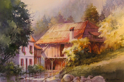 Roland Lee watercolor painting of a barn in Switzerland