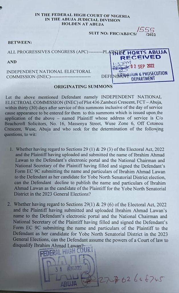 2023:  APC Drags INEC To Court,  'Lawan Is Our Candidate, Not Machina'