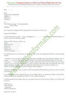 sample complaint letter to police for theft of bicycle bike car