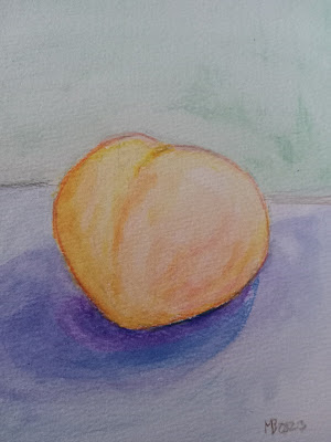 A watercolor of a pale yellow peach with subtle pink blush lying on a pale blue tablecloth with a purple shadow under the peach. The background is a muted spring green. Both background and table cloth are solid colors with no discernable pattern to them.