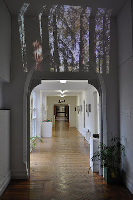 A view down a corridor with parquet floor. Trees are projected above an archway..