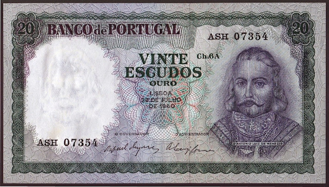 Portugal Banknotes 20 Escudos banknote 1960 Dom Antonio Luiz de Menezes