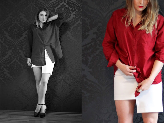 Burgundy, shirt, button down, asymmetrical hem skirt, white H&M Trend skirt, H&M Trend Stufen rock, fashionblogger, hamburg modeblogger, nelly.com heels,