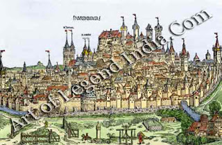 An attractive city, This woodcut, from the famous Nuremberg Chronicle, shows the walled city of Nuremberg in 1492. The Kaiserburg (imperial castle) sits imposingly on the crown of the hill, looking down over a sea of red-roofed' houses. The spires of the two medieval churches of St Lorenz and St Sebald are clearly visible. 