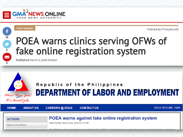 The Philippine Overseas Employment Administration has issued a warning to all licensed recruitment agencies and medical clinics catering to OFWs not to be duped by an online registration system allegedly operated by the Gulf Cooperation Council Ministry of Health. Advertisement        Sponsored Links    The Philippine Overseas Employment Administration has warned licensed recruitment agencies and medical clinics catering to OFWs not to be duped by an online registration system allegedly operated by the Gulf Cooperation Council Ministry of Health.  In an advisory, the POEA said the Department of Health (DOH) has denied claims that it approved the scheme that requires the applicant to pay a registration fee of $10 for the provision of Pre-Employment Medical Examination.  The DOH prohibits the Medical Facilities for Overseas Workers and Seafarers (MFOWS) from participating or using the said online scheme.  In Department Circular No. 0371 issued on December 22, 2017, the DOH said that "since the online registration system charges an additional fee to the OFW applicants and can be restrictive to few selected DOH-accredited OFW clinics, it may be construed as another form of decking and monopoly of health examination services for Filipino migrant workers".    The department Circular reads: It has come to the attention of the Department of Health (DOH) that a new online registration system that requires the OFW applicant to pay a registration fee of US$10 is being used by some Medical Facilities for Overseas Workers and Seafarers (MFOWS) for the provision of Pre-Employment Medical Examination (PEME).  This scheme was allegedly authorized by DOH.  DOH upholds the provisions stipulated in the Republic Act No. 10022, titled, “An Act Amending Republic Act No. 8042, Otherwise Known as the Migrant Workers and Overseas Filipinos Act of 1995, As Amended, Further Improving the Standard of Protection and Promotion of the Welfare of Migrant Workers, Their Families and Overseas Filipinos in Distress, and for Other Purposes” and Joint Memorandum Circulars of DOH, Department of Foreign Affairs, Department of Labor and Employment, and Department of Justice regarding the prohibition of decking, monopoly and charging of additional fees by OFW clinics.  Since the said online registration system charges additional fee to the OFW applicants and can be restrictive to few selected DOH-accredited OFW Clinics, it may be construed as another form of decking and monopoly of health examination services for Filipino migrant workers.  Thus, DOH prohibits the MFOWS from participating or using the said online scheme. The public, as well as, the MFOWS, are hereby advised to exercise caution and report to DOH activities pertaining to the online registration system for PEME. Please be guided accordingly.   By Authority of the Secretary of Health: ROLANDO ENRIQUE . DOMINGO,MD, MSc  The POEA advised the public and DOH-accredited clinics for OFWs to report to the DOH any activity regarding pertaining the said online registration system.      Read More:     Is It True, Duterte Might Expand Overseas Workers Deployment Ban To Countries With Many Cases of Abuse?  Do You Agree With The Proposed Filipino Deployment Ban To Abusive Host Countries?