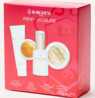The Borghese Firm & Hydrate Gift Set featuring Crema Saponetta Creme Cleanser, Radiante Revitalize and Firm Mask, Curaforte Moisture Intensifier, and Radiante Renew and Restore Night Creme, presented in a stylish package.