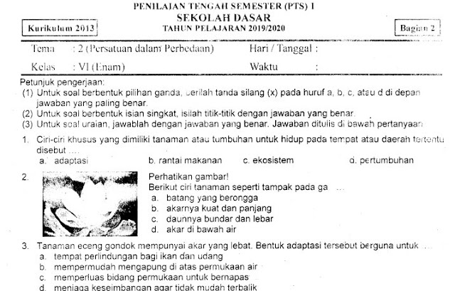 Kumpulan Soal Penilaian Tengah Semester (PTS) Ganjil Tema 2 Bagian 2 Kelas 6 SD Terbaru Tahun 2019/2020 Gratis