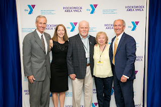 Ed Kelly, President & CEO of Milford Regional Medical Center; Mary Clermont, Chair of the Hockomock Area YMCA Board of Directors;  John White, recipient of the Charlie Shannon Volunteer Award; Therese Shannon, wife of the late Charlie Shannon and program alumna and mentor; and Ed Hurley, President & CEO of the Hockomock Area YMCA