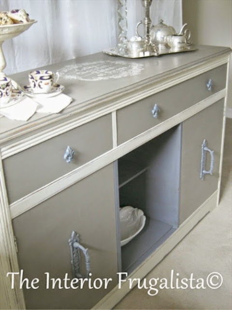 Sideboard makeover with one door removed for open shelving