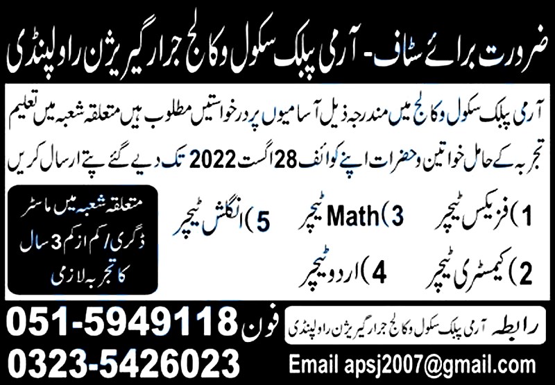 Army Public School and College Jarrar Garrison Rawalpindi Jobs August 2022