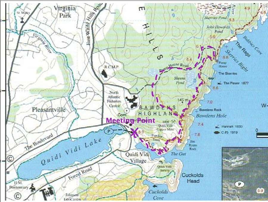 Meet at the Quidi Vidi trail head as shown on the map for a 6:30pm start.