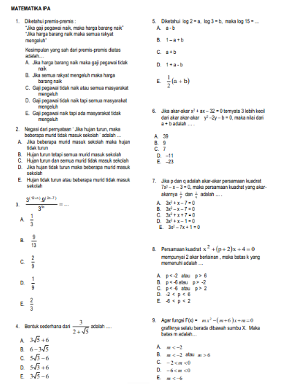 Soal dan Jawaban Ujian Sekolah US Matematika SMA tahun 2022-2023 Jurusan/prodi IPA