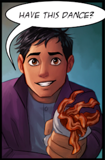 A boy in a purple trench coat holds strips of bacon wrapped in a tissue out. It resembles a bouquet of bacon. He asks, "May I have this dance?"